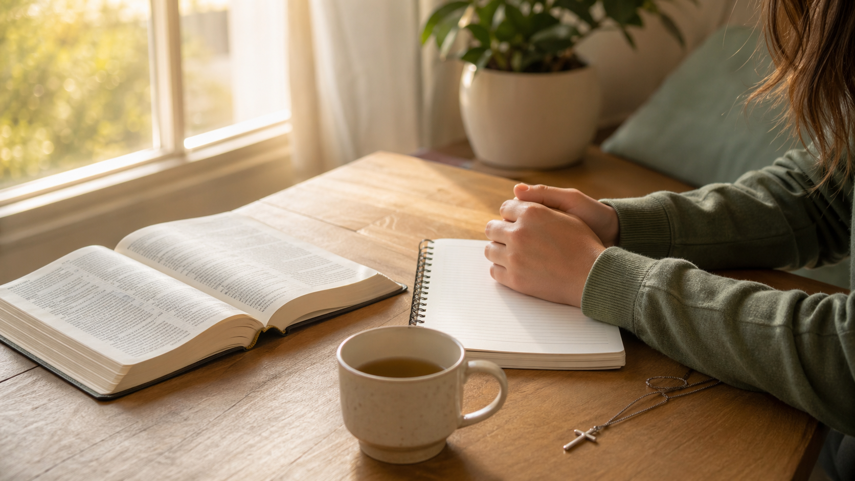 Bibbia aperta, quaderno e momento di preghiera in una luce del mattino